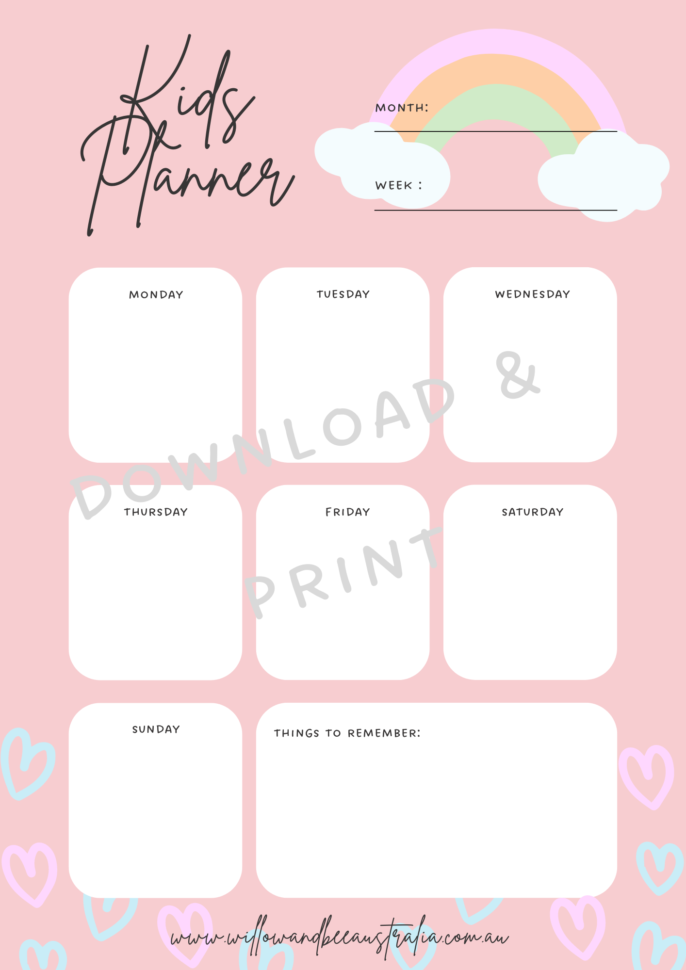Kids Weekly Planner Pink PDF Printable Template Willow Bee kids-weekly-planner-pink-pdf-printable-template-willow-bee