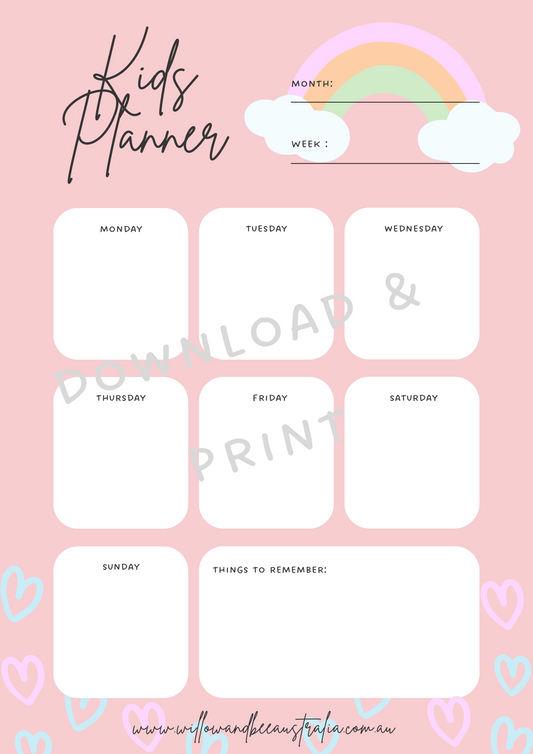 Kids Weekly Planner Pink PDF Printable Template