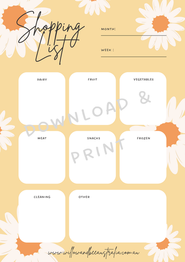 Shopping List PDF Printable Template Willow Amp Bee