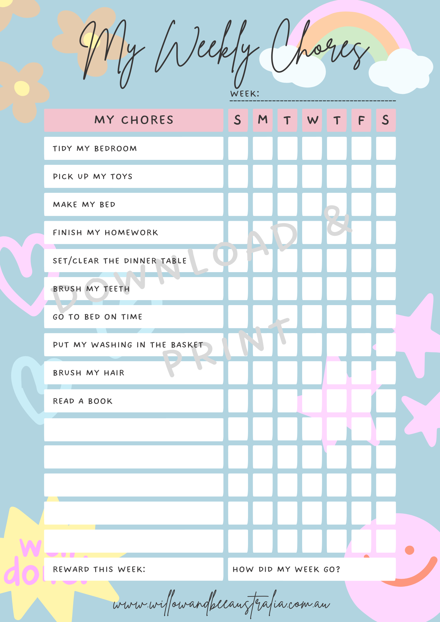 Kids Chore Chart Blue PDF Printable Template – Willow&Bee Kids Chore Chart Blue PDF Printable Template – Willow&Bee
