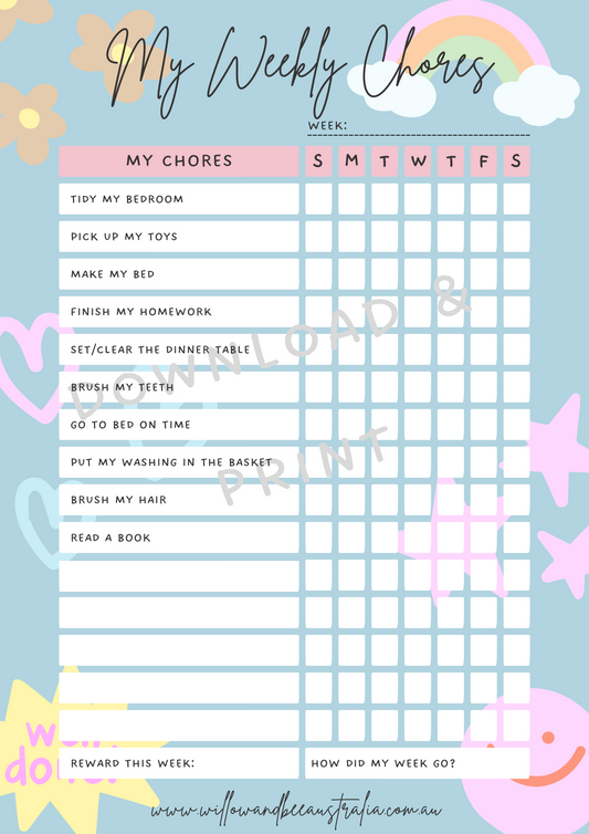 Kids Chore Chart Blue PDF Printable Template