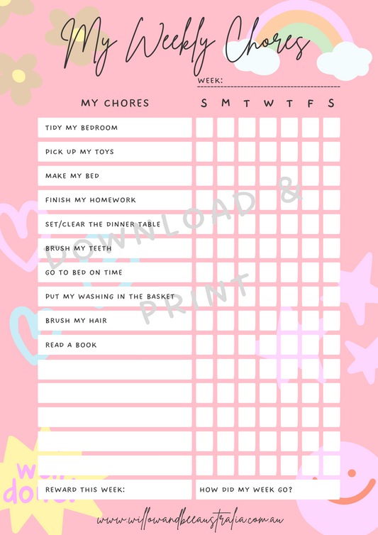Kids Chore Chart Pink PDF Printable Template