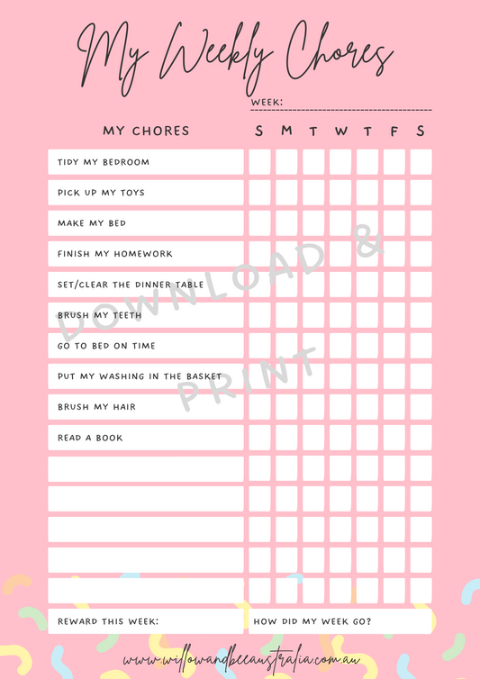 Kids Chore Chart Simple Pink PDF Printable Template