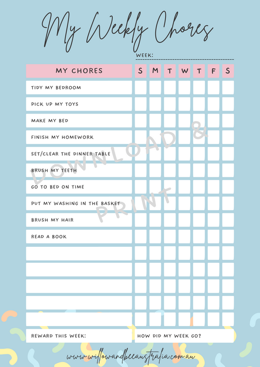Kids Chore Chart Simple Blue PDF Printable Template